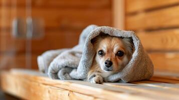 A small dog peeking out from under a towel on a sauna bench looking content and cozy. photo