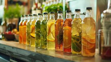 Bottles of different shapes and sizes line the table each filled with a different ingredient to be used in the mocktail magic photo