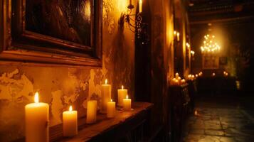 The flicker of candles illuminating the artwork hanging on the walls creating a moody romantic atmosphere. 2d flat cartoon photo