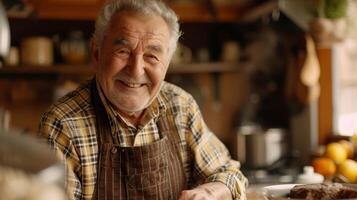 A senior man happily organizes his new downsized kitchen marveling at how much less time and money it will take to maintain and cook in photo