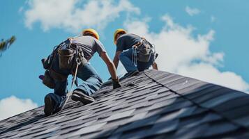 con la seguridad arneses y profesional equipo un equipo de techadores diligentemente trabajos a reparar un dañado sección de un techo prevenir ninguna más lejos fugas o agua dañar foto