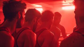 A rowing team huddled together in a room filled with infrared lights getting ready for a competition. photo