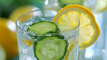 Glasses filled with sparkling water and garnished with slices of lemon or cucumber photo