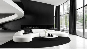 un negrita negro y blanco color esquema es hermosamente acentuado por el único forma y diseño de el moderno hogar en esta sofisticado vivo habitación. 2d plano dibujos animados foto