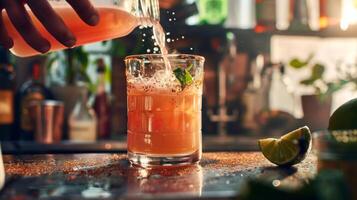 Glistening pink guava juice being poured into a glass as a mixologist adds a splash of lime juice and a pinch of chili powder for a y kick photo