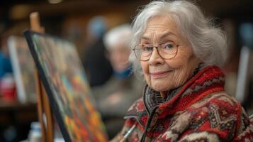 In a cozy corner of the retirement community a group of retirees gather for their biweekly art class enjoying the soothing and theutic effects of painting photo