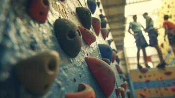 A group practices indoor rock climbing as a fun and challenging form of exercise during a wellness retreat customized to their individual fitness abilities and goals photo