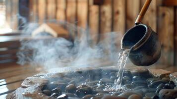 Steam rises from a sauna bucket as a person pours water over hot rocks the sound of sizzling adding to the calming atmosphere. photo