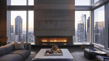 A large floortoceiling window showcases the urban cityscape outside while also allowing guests to enjoy the warmth of the modern fireplace in the lobby corner. 2d flat cartoon photo