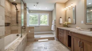 Designed with accessibility in mind this bathroom renovation features a rollin shower and raised for maximum comfort and ease of use photo