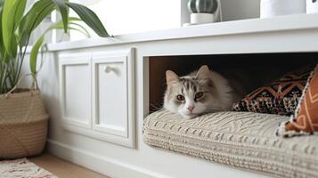A customized builtin storage solution that doubles as a hiding spot for your cat or small dog photo
