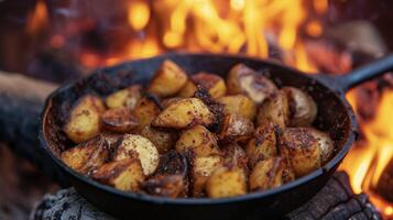 asado patatas sazonado con un ardiente mezcla de chile polvo comino y ajo son servido en un emitir hierro pan Derecho desde el caliente carbones de un hoguera. el abrasador calor o foto