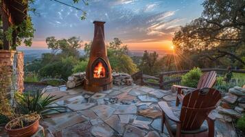 As the sun sets the chiminea continues to illuminate the outdoor area with its radiant glow. 2d flat cartoon photo