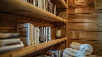 estantería lleno con un variedad de revistas y libros para invitados a disfrutar mientras relajante en el sauna. foto