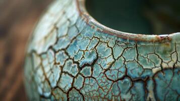 A closeup of a pottery piece with a striking crackle glaze creating a beautiful and unique cracked pattern. photo