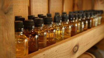 un surtido de aromaterapia aceites pulcramente desplegado en un estante dentro el sauna Listo a mejorar el experiencia. foto