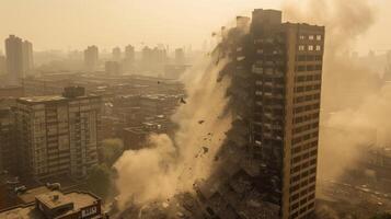 como el edificio comienza a desmoronarse polvo y escombros llenar el aire oscureciendo el ver en el siguiente imagen foto