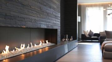 A large rectangular fireplace stands tall against a wall of dark painted brick. The sleek design seamlessly blends into the modern living space while the glowing flames 2d flat cartoon photo