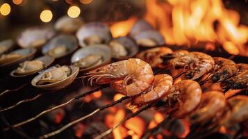 jumbo camarón y todo almejas tomar centrar etapa en el parrilla su conchas carbonizado y su carne infundido con el intenso sabor de el abierto fuego. reloj como ellos giro de un lado a otro foto