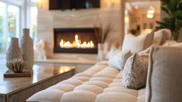 The soft glow of the fire adds a touch of warmth to the cool neutral color palette of the room. 2d flat cartoon photo