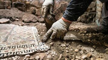 Here we witness the delicate process of brushing away layers of dirt to reveal an intact mosaic floor that has been hidden for centuries photo