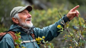 A senior man grinning as he points out a rare bird perched on a tree branch while on a leisurely hike along a mountain trail photo