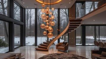 A dramatic staircase is illuminated by a stunning chandelier made of cascading strings of glowing orb lights creating a showstopping entryway that leaves a lasting impression photo