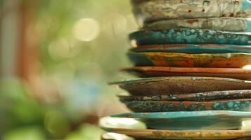 A stack of irregularly shaped ceramic plates each one handpainted with a different natureinspired design. photo