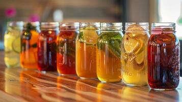 A row of mason jars filled with a variety of homemade nonalcoholic shrubs a flad vinegarbased beverage await a taste test by a curious group of friends photo