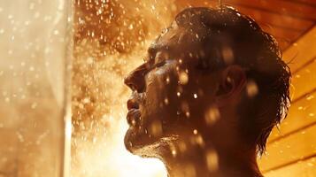 un persona pisar fuera de el sauna su cara brillante con sudor como ellos tomar un profundo aliento y sensación rejuvenecido foto
