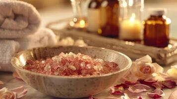 un parecido a un spa ajuste con un cuenco de Rosa pétalos un toalla y un bandeja de diferente perfumado bañera sales y aceites foto