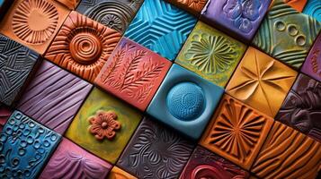 An image showing the use of color in embossing techniques with a brightly colored clay tile featuring a raised embossed design highlighting the element of design choice and creativity. photo