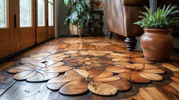 Macro shot of a floralinspired patterned hardwood floor bringing a touch of nature indoors and creating a charming ambiance in this living space photo