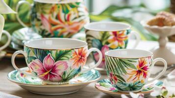 A charming setting of mismatched teacups and saucers each one featuring a tropical print adds a touch of whimsy to the tea party photo
