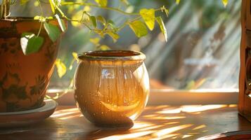 A finished ceramic drum sitting on a shelf with sunlight glinting off of its glossy glaze and reflecting the surrounding environment. photo