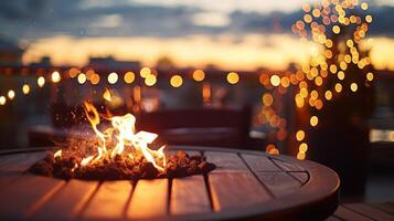 In the corner of the rooftop a small fire pit provides additional warmth and adds to the cozy ambiance of the dinner. 2d flat cartoon photo