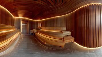 A panoramic view of a sauna room with wooden walls and benches emitting a relaxing warmth. photo