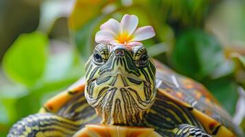 un orgulloso Tortuga posando para el cámara con un delicado flor metido detrás sus oído Fresco desde un relajante cuero cabelludo masaje foto
