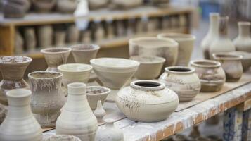 A series of finished pottery pieces displaying the progress made by students during the masterclass. photo