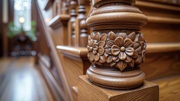 A detailed shot of an intricately carved wooden railing in a restored Victorian home showcasing the skill and attention to detail required for historical restoration photo