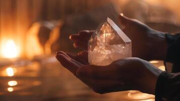 A person in a sauna holding a meditation crystal and using it to help them stay present during their practice. photo