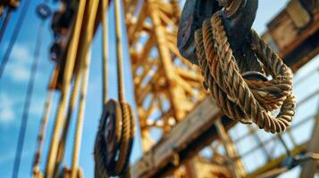 An intricate system of pulleys and ropes lifting building materials high into the air photo