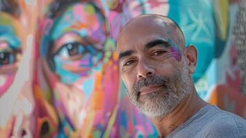 A man standing in front of a mural he helped create in a public space using art to spread messages of selfreflection and emotional wellbeing to others photo