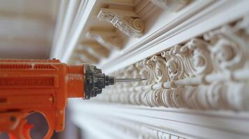 A slowmotion of a nail gun puncturing through the crown molding and securing it to the ceiling demonstrating the precision and skill required for a flawless installation photo