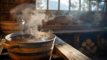 el calor y vapor de el sauna acompañado por el consolador huele de un lleno de nutrientes caldo hirviendo cercano. foto