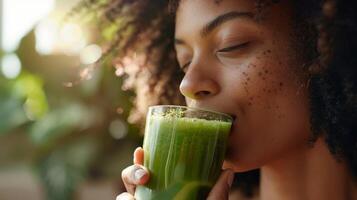 A woman with closed eyes sipping on a green juice and basking in the postyoga glow photo