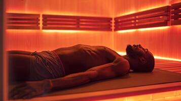 A person lying on a yoga mat inside an infrared sauna focusing on deep breathing and relaxation techniques to prepare their mind and body for a workout. photo