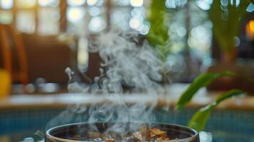 A gentle steam rising from a pot of herbal tea served to guests during their sauna and herbal wrap experience. photo