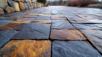 A macro shot of stone tile decking with a distinct pattern and a mix of earthy tones creating a visually interesting and natural feel for an outdoor space photo