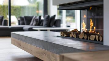The floating hearth of the modern fireplace is crafted from a combination of wood and concrete creating a unique and eyecatching feature in the room. 2d flat cartoon photo